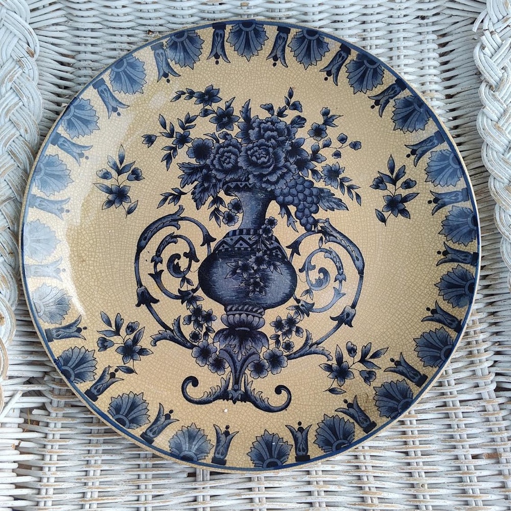 Floral Decorative Plate in Blue and Tan